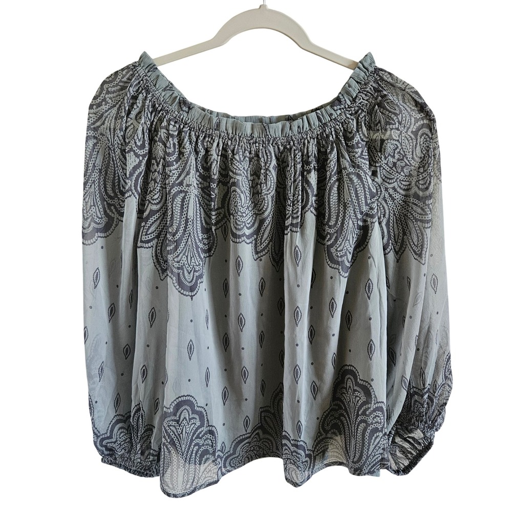 Loft Grey Paisley Print Smocked Off Shoulder Peasant Blouse Top Womens Medium